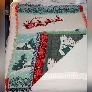 Reversible Vintage Woven Fringed Holiday Tapestry Sofa Blanket Throw